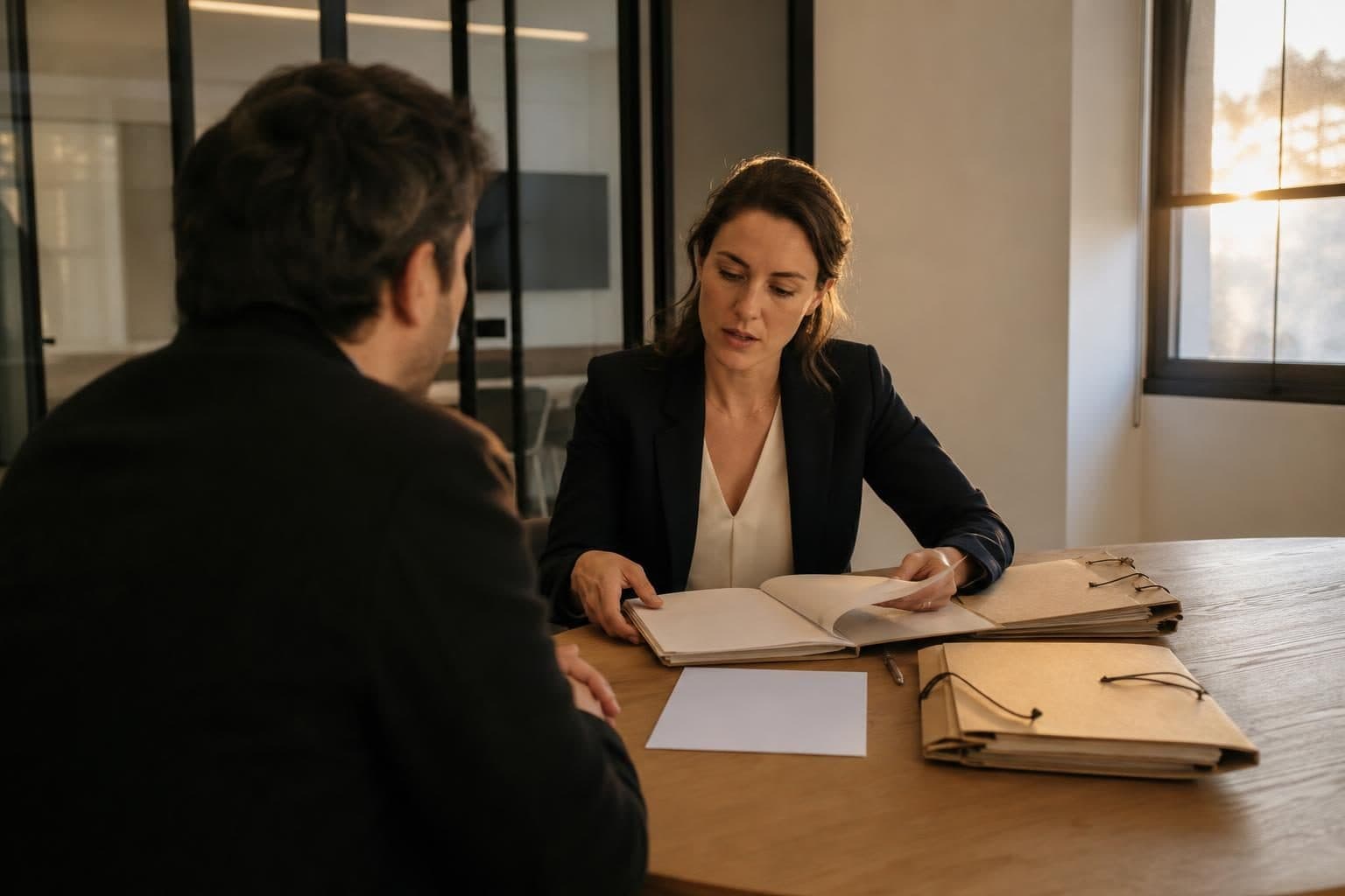 Une avocate en tenue sombre consulte un dossier en face d’un homme assis à une table dans un bureau lumineux.