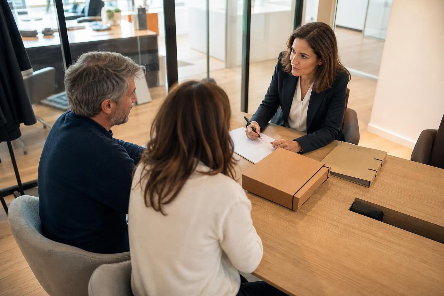 Une avocate en tenue sombre reçoit un couple assis de l’autre côté d’une table dans un bureau moderne, avec des dossi…