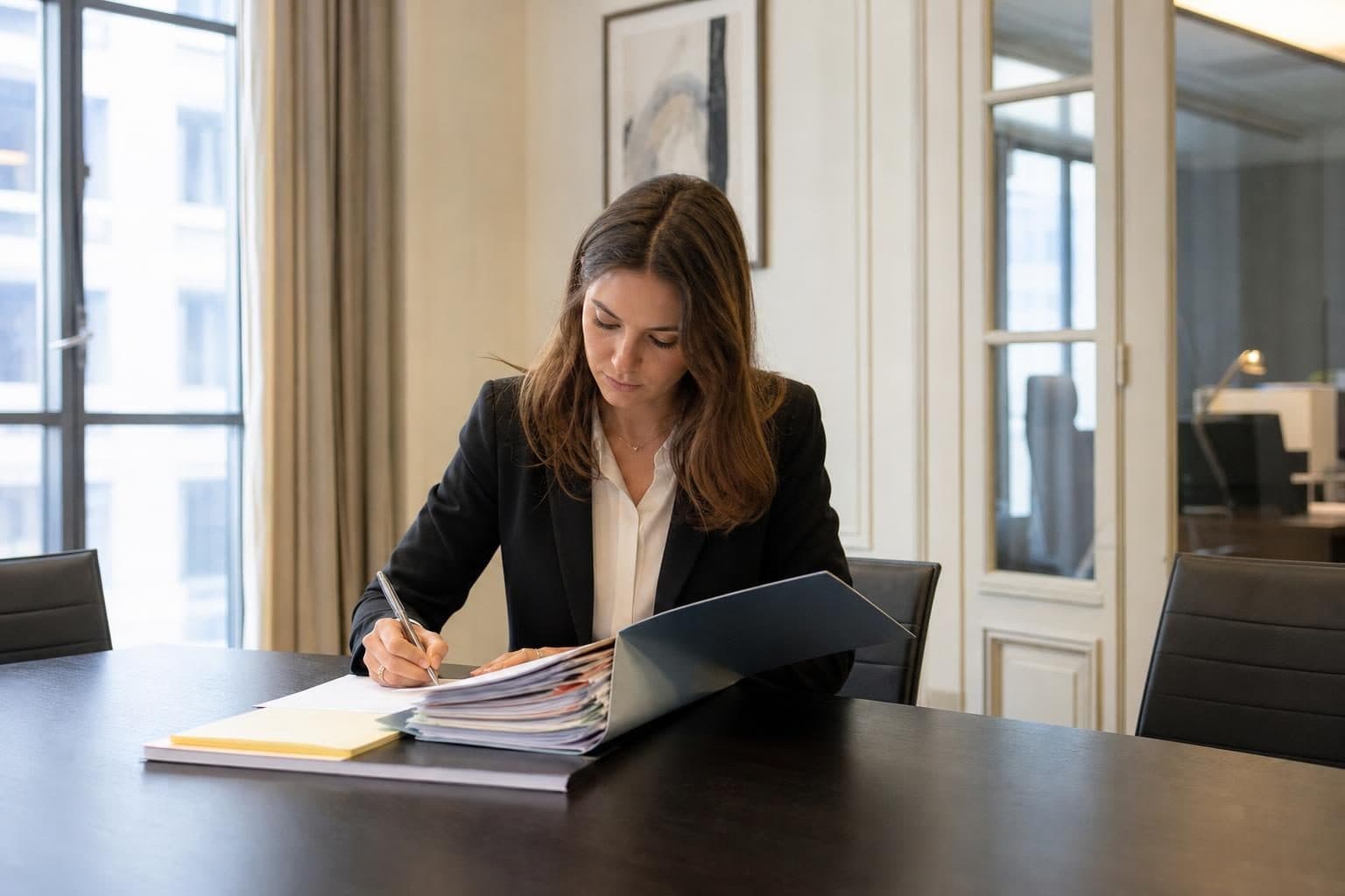 Une femme en tenue de bureau est assise à une table de réunion et signe ou annote un dossier ouvert.