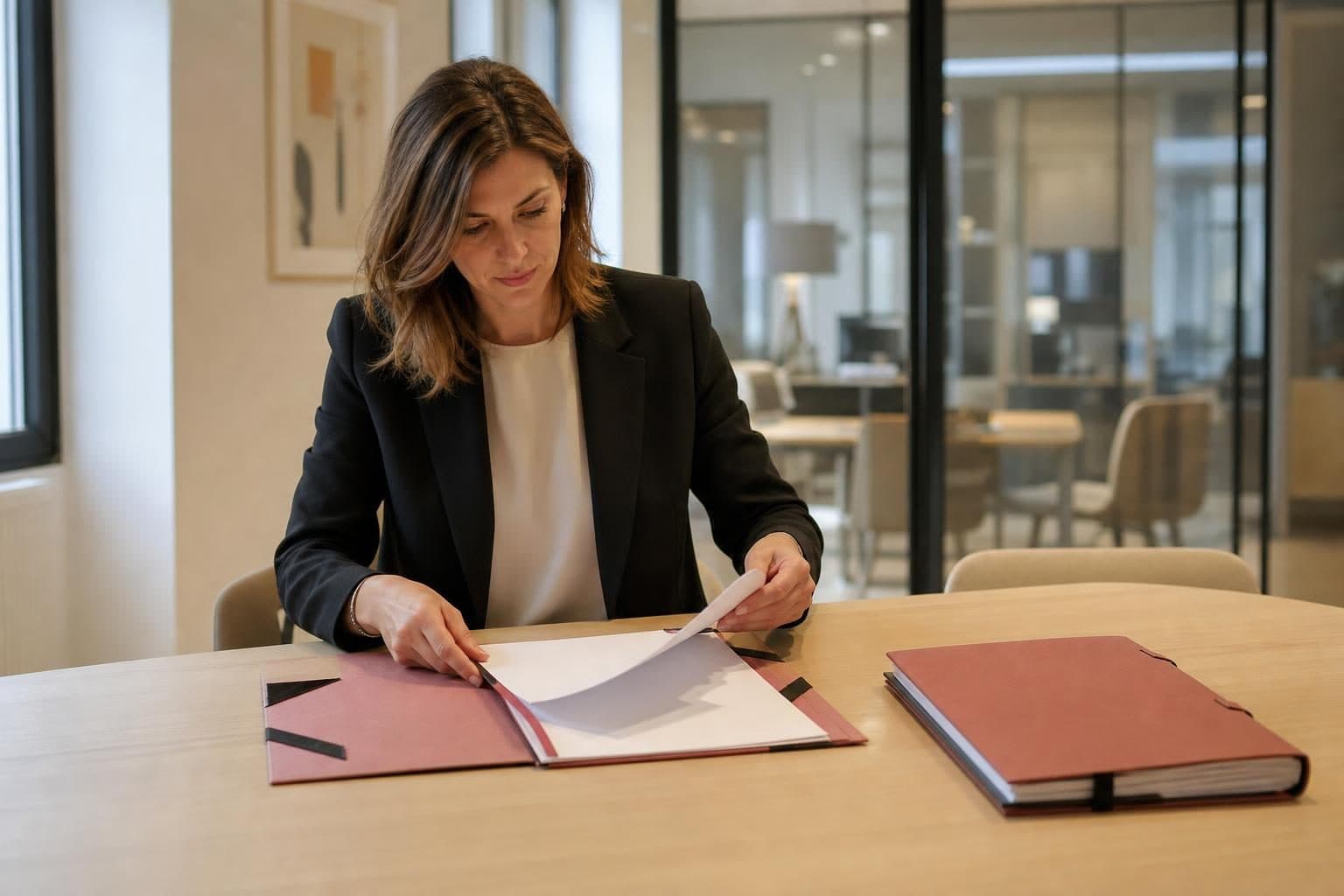 Une avocate en tenue sombre feuillette un dossier sur une table dans un bureau moderne vitré.