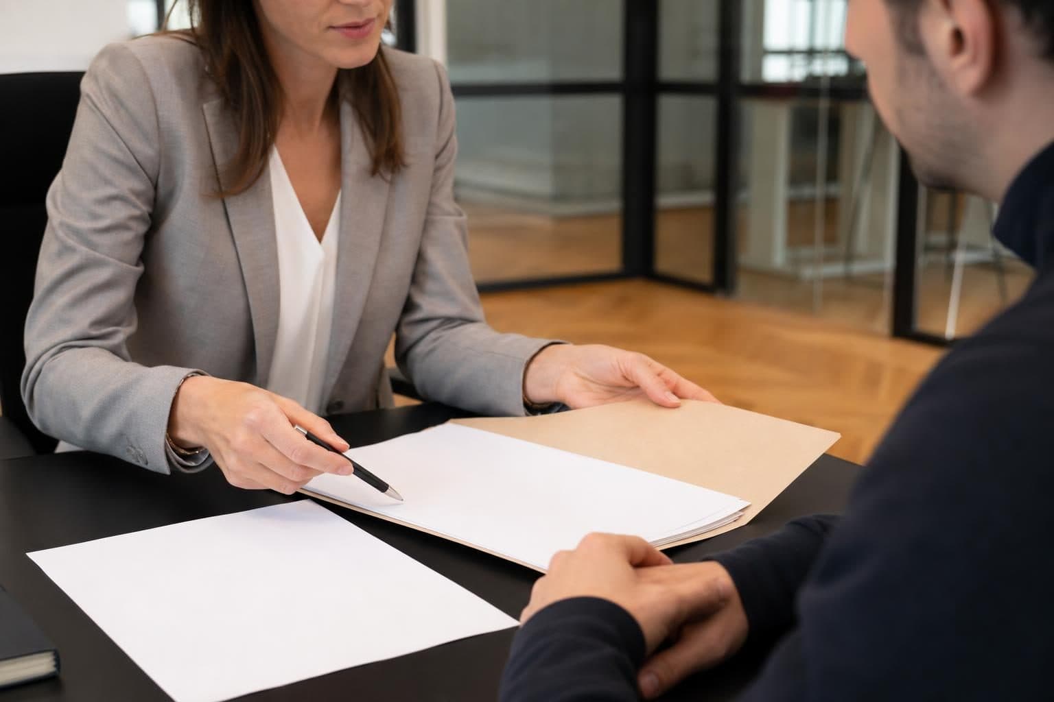 Une avocate en veste grise échange avec un homme assis en face d’elle dans un bureau, avec des feuilles et un dossier…