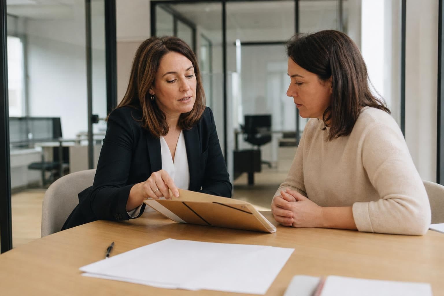 Deux femmes sont assises à une table dans un bureau vitré, l’une en veste sombre pointe un dossier cartonné tandis qu…