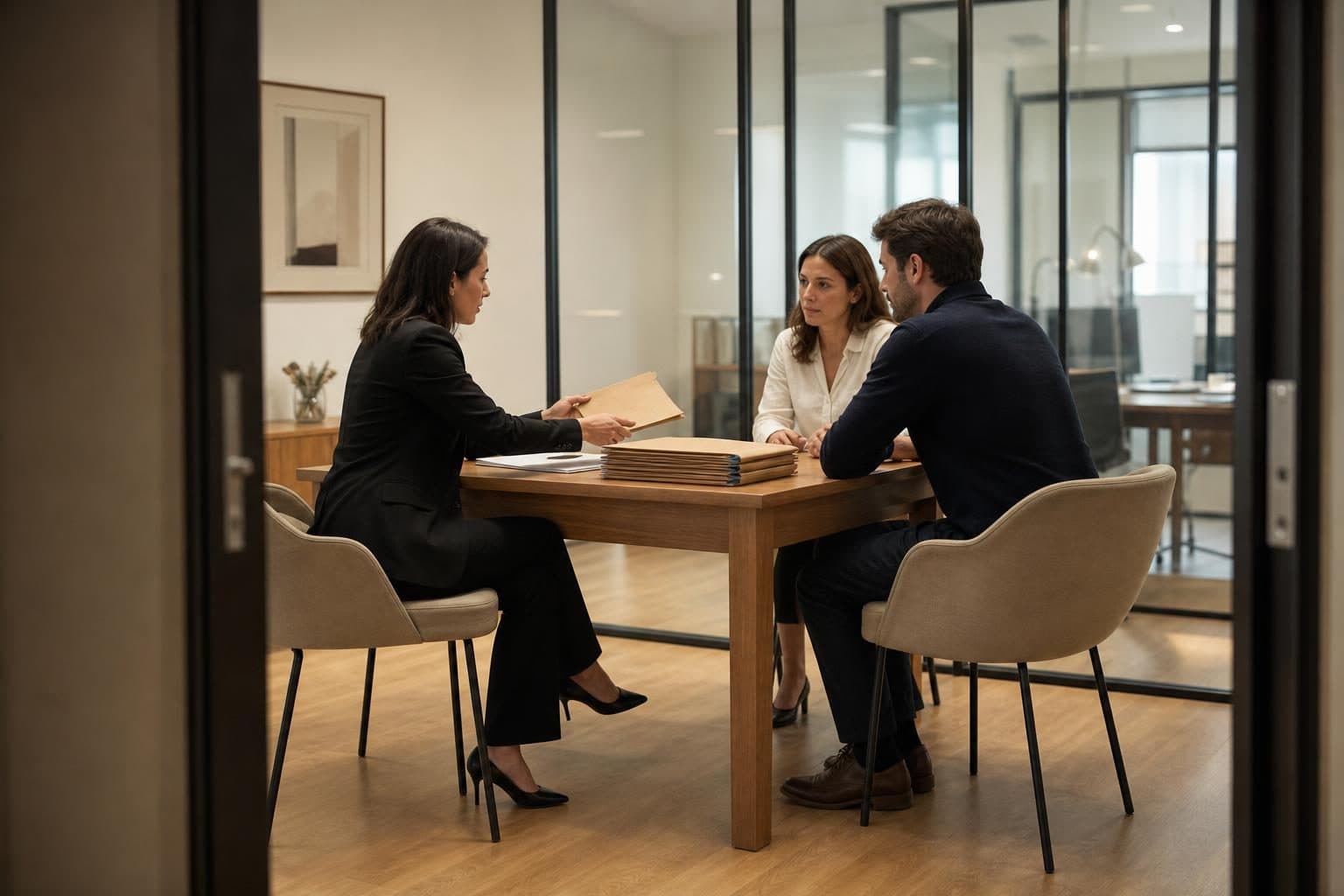 Une avocate en tenue sombre reçoit deux clients assis autour d’une table dans un bureau vitré moderne et épuré.