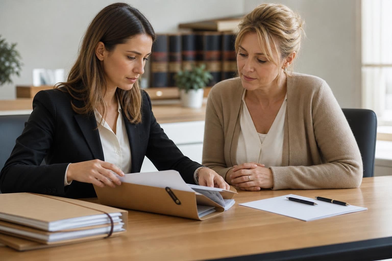 Deux femmes sont assises à une table de bureau et examinent un dossier papier dans un intérieur sobre et lumineux.